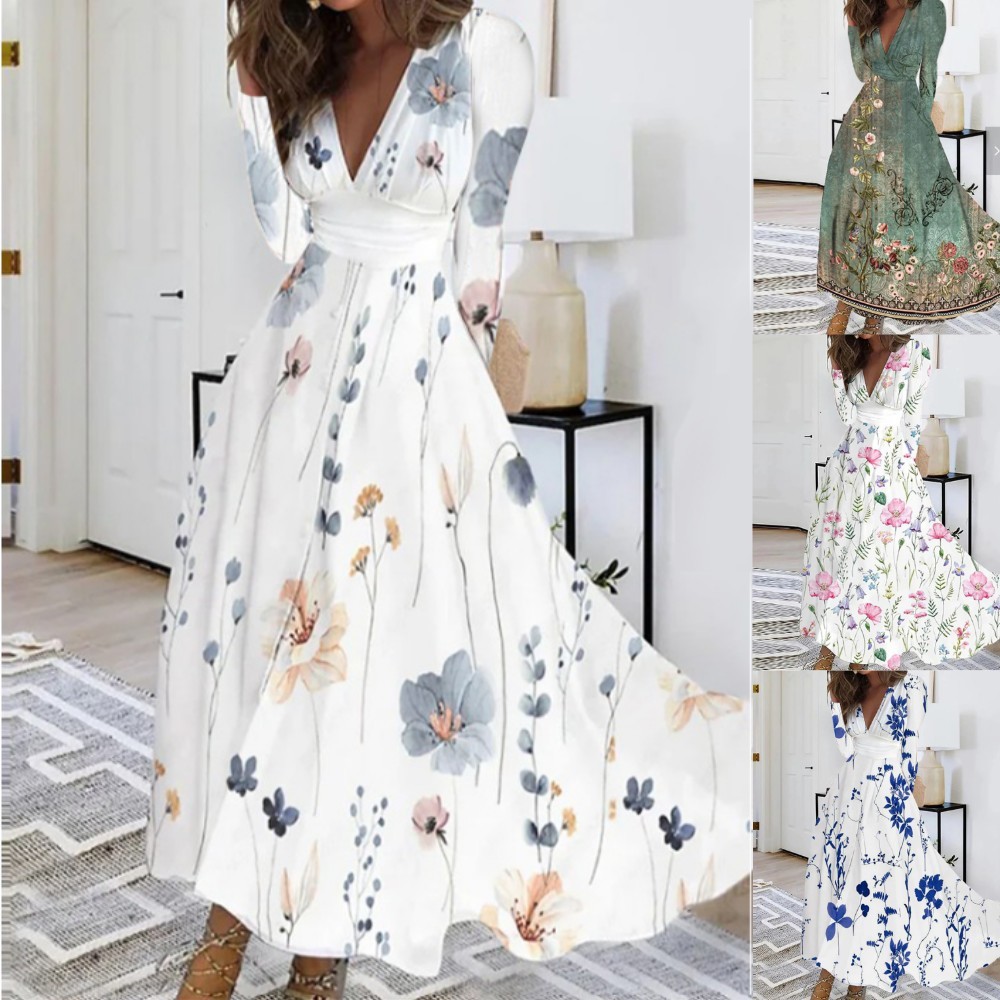 Fall V-neck Long Sleeve Printed Women Dress Women