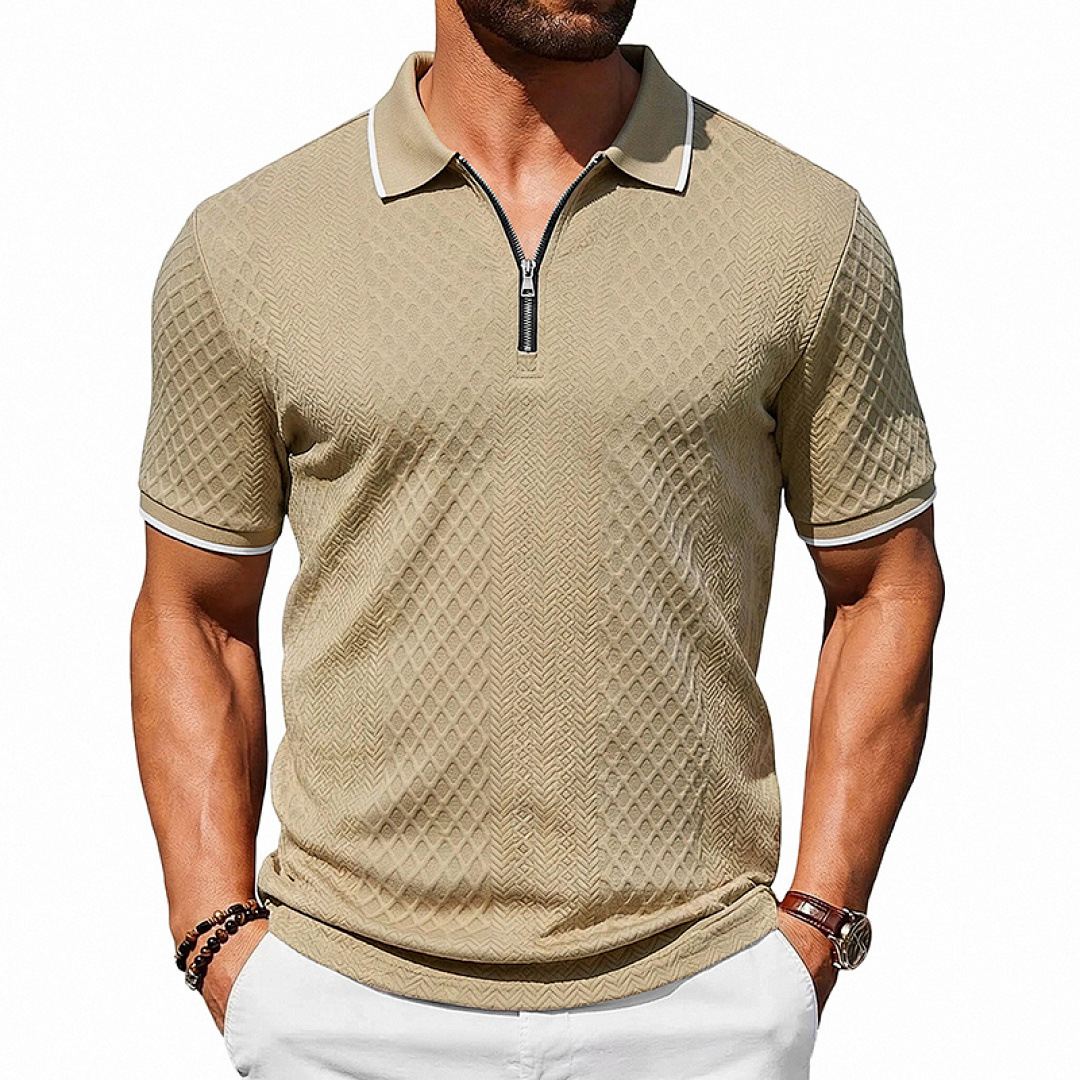 Mens Loose-Fit Textured-Weave Short-Sleeve Polo Shirt With Zipper