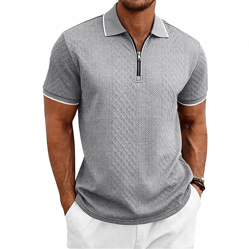 Mens Loose-Fit Textured-Weave Short-Sleeve Polo Shirt With Zipper