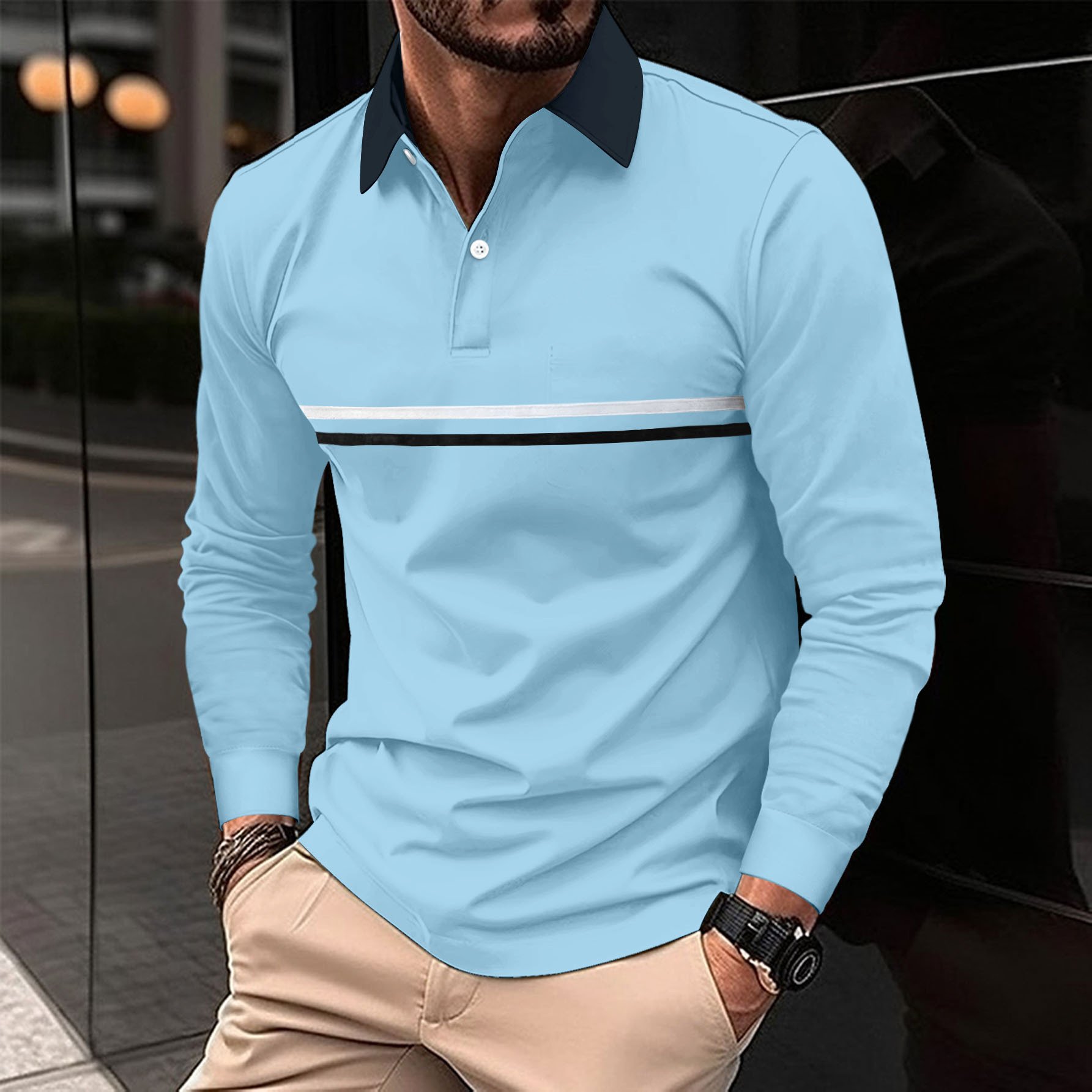 Button-down Long-sleeve Mens Sports Polo Shirt