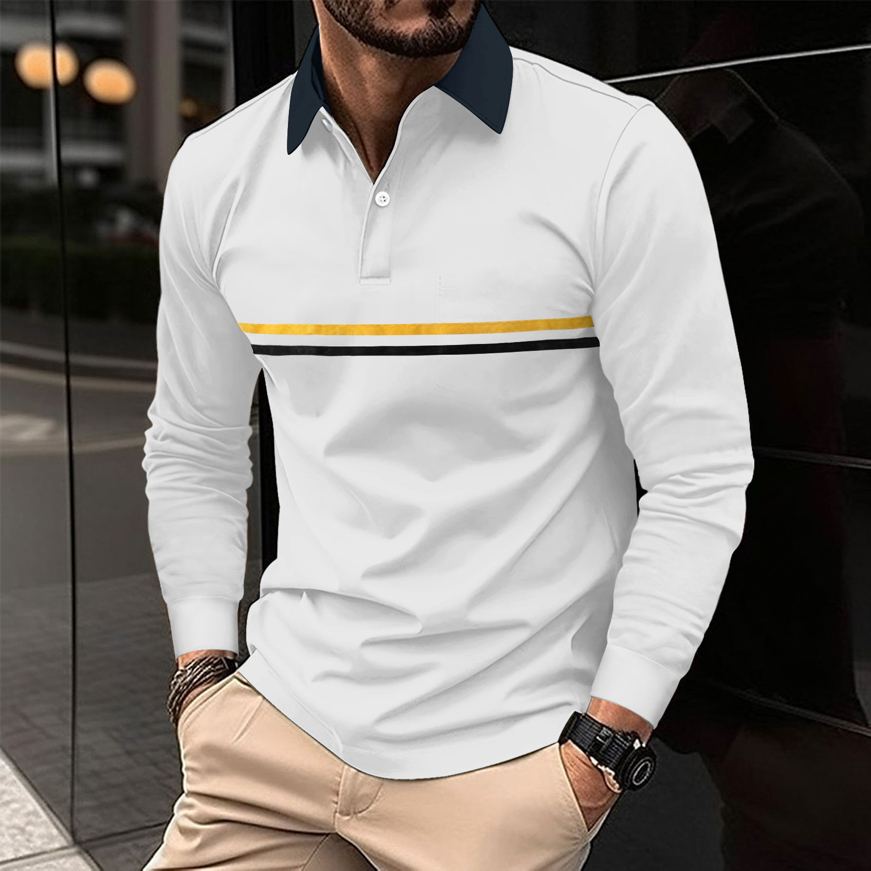 Button-down Long-sleeve Mens Sports Polo Shirt