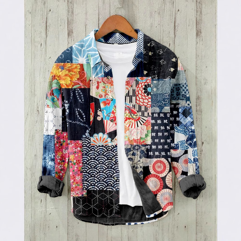 Printed Mens Retro Casual Long-Sleeve Shirt