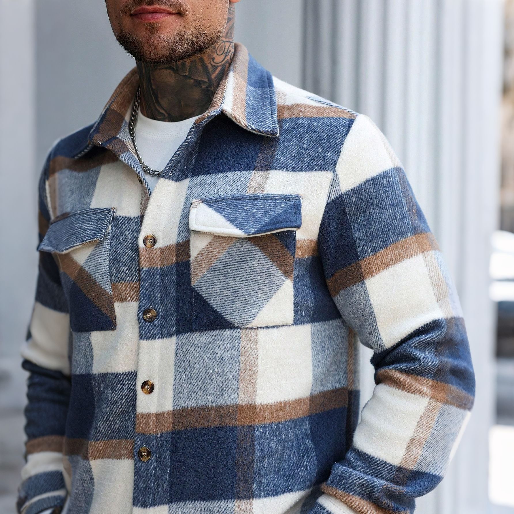 Mens Relaxed-Fit Casual Plaid Shirt Jacket