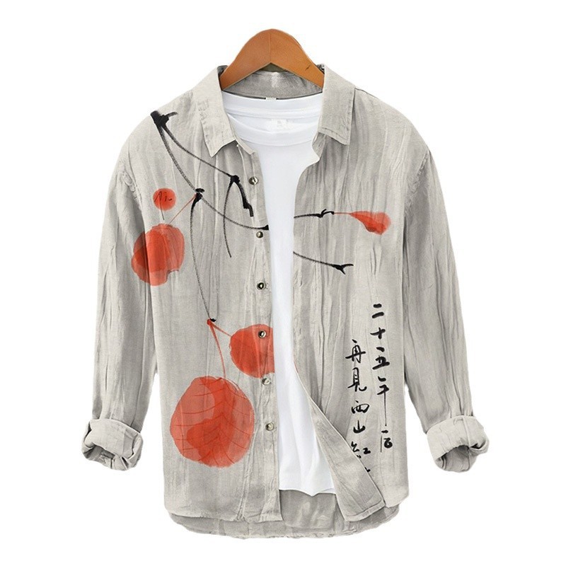 Printed Mens Retro Casual Long-Sleeve Shirt