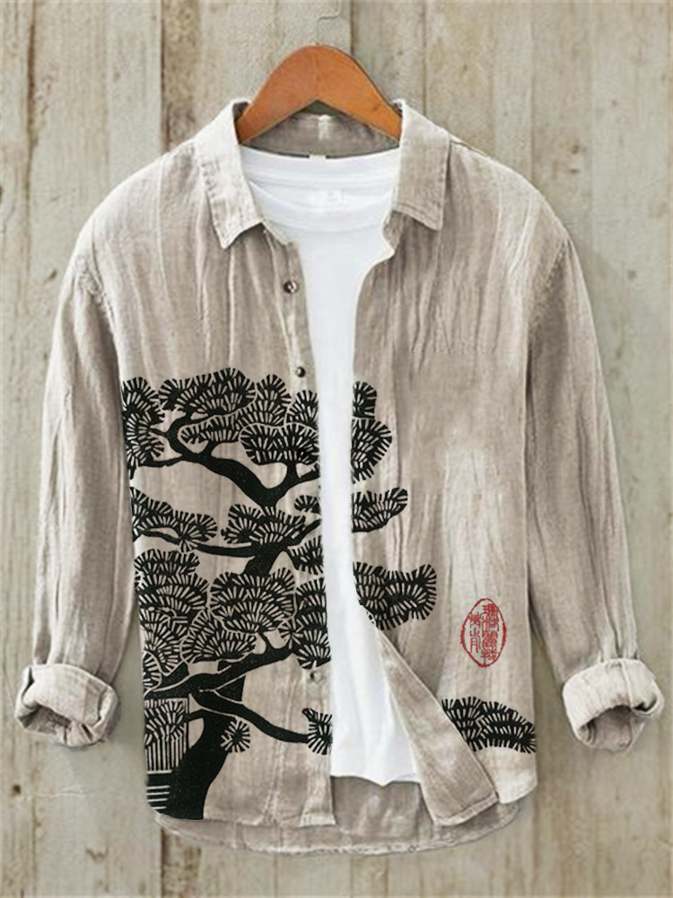 Printed Mens Retro Casual Long-Sleeve Shirt