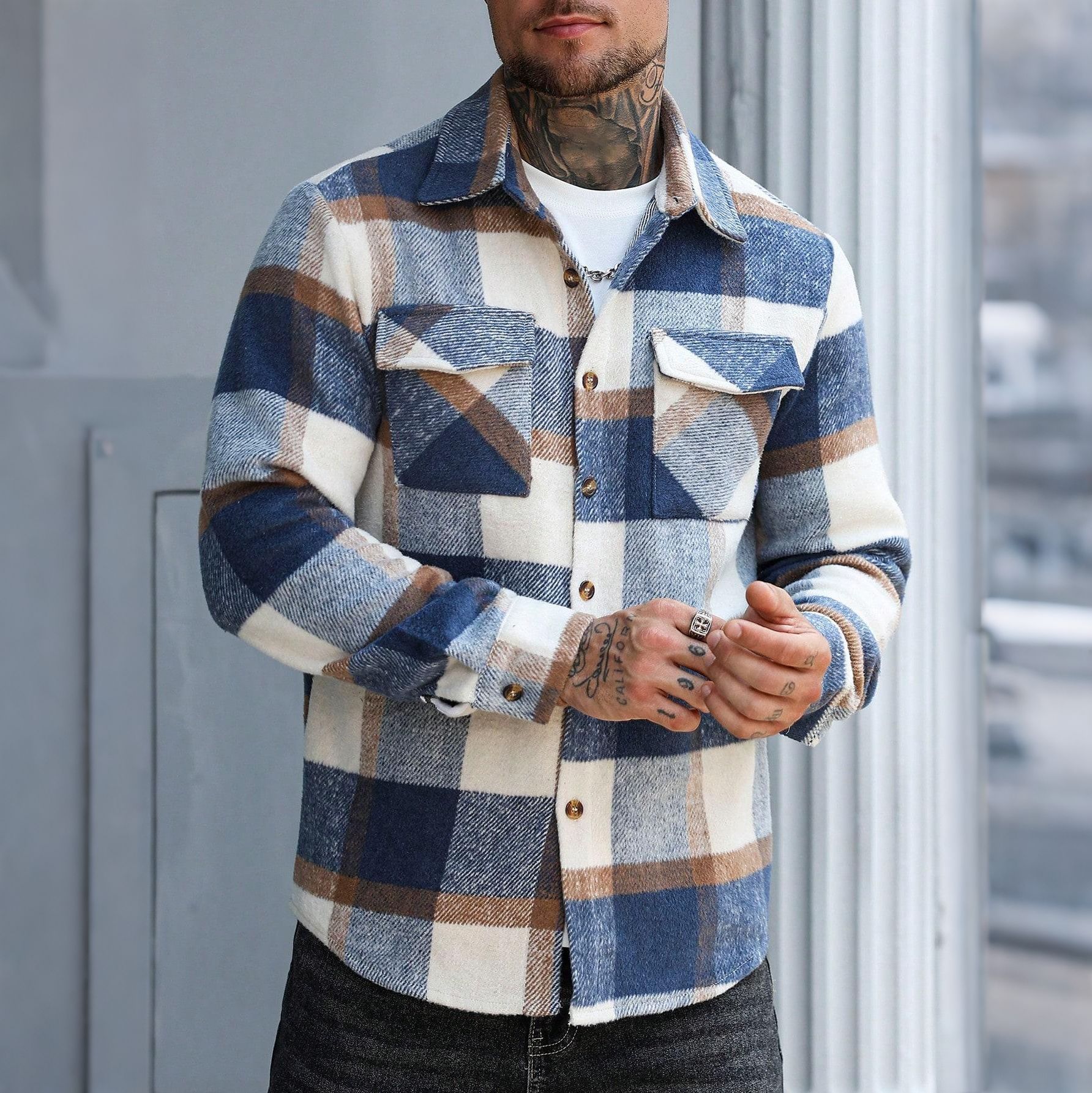 Mens Relaxed-Fit Casual Plaid Shirt Jacket