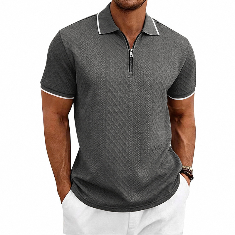 Mens Loose-Fit Textured-Weave Short-Sleeve Polo Shirt With Zipper