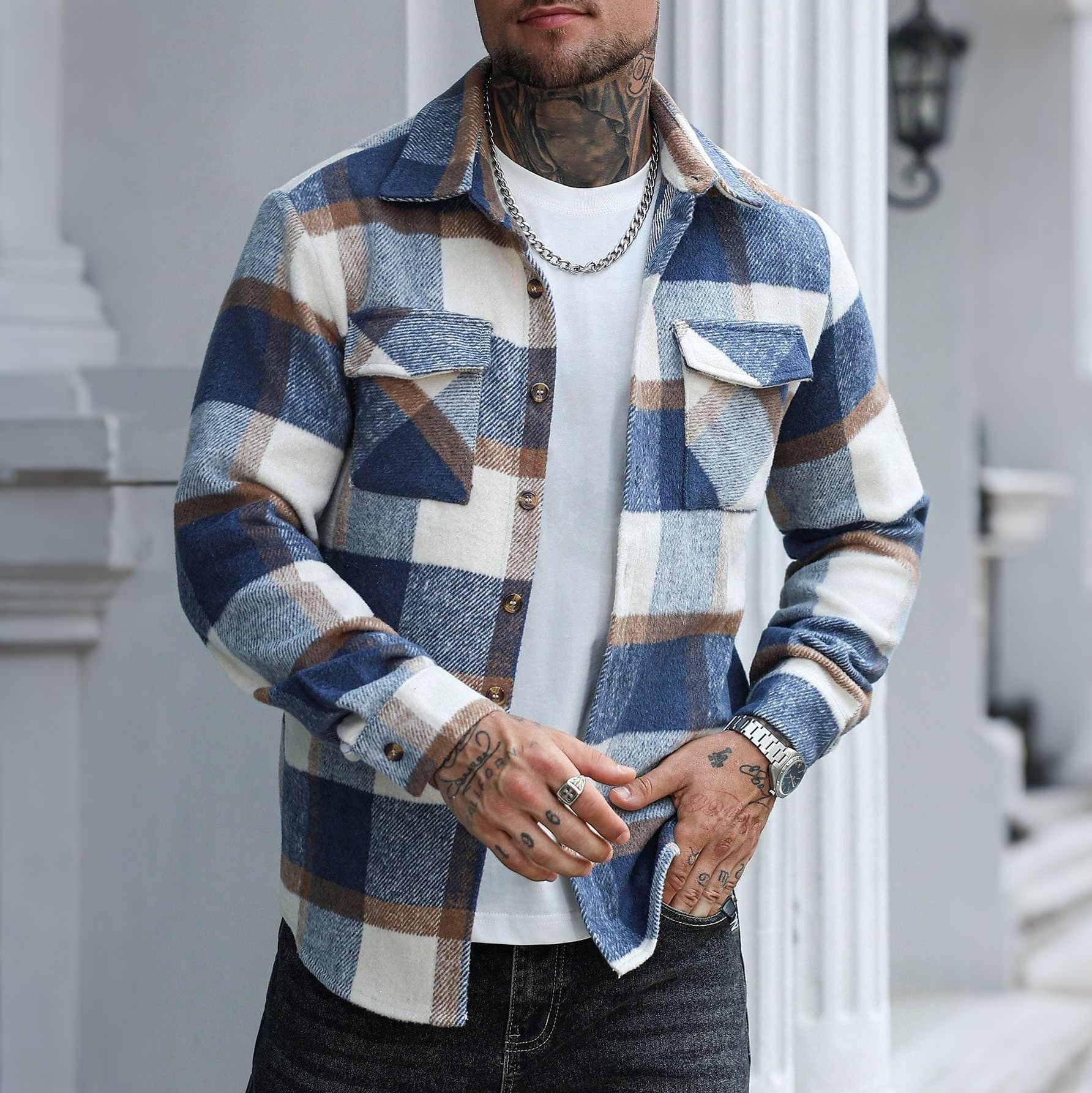 Mens Relaxed-Fit Casual Plaid Shirt Jacket