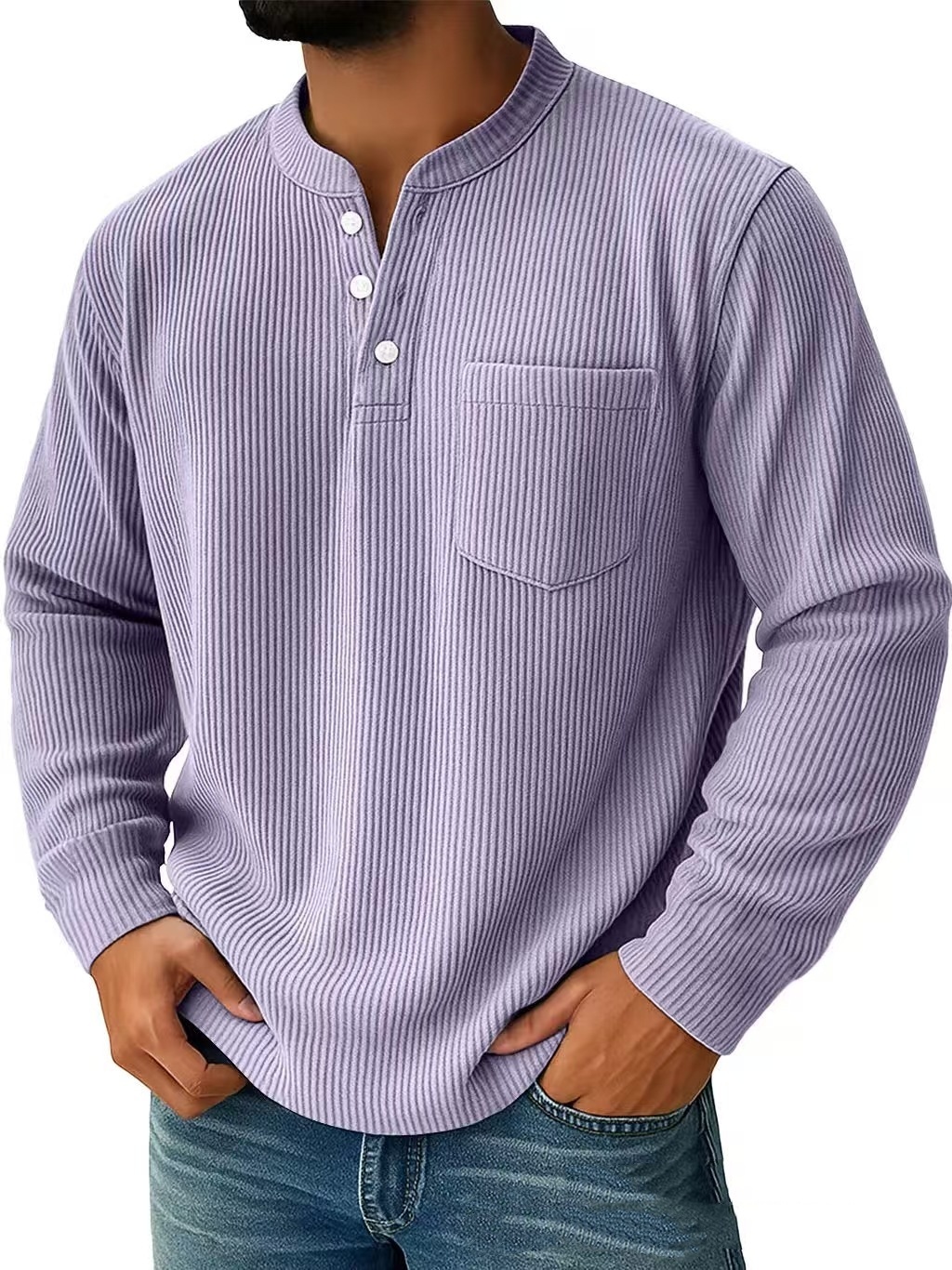 Corduroy Three-button Henry Collar Long-sleeved Shirt Polo Shirt