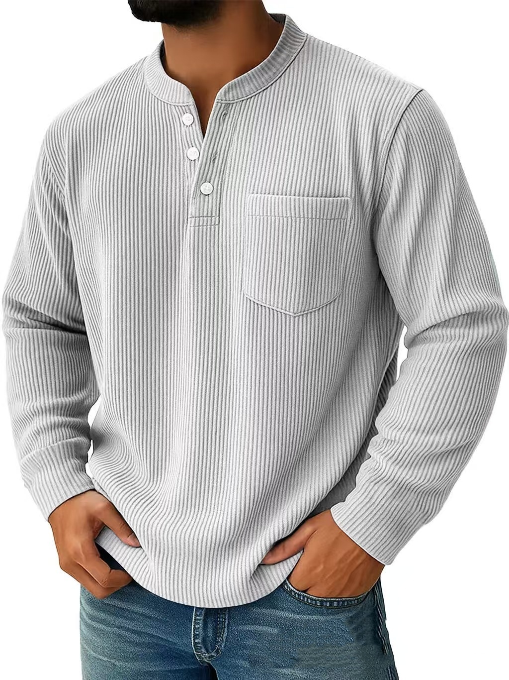 Corduroy Three-button Henry Collar Long-sleeved Shirt Polo Shirt