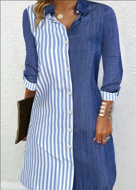 Stylish Striped Print Color Block Shirt Dress - Versatile Long Sleeve For Chic Spring &amp; Fall Looks - Comfortable Womens Clothing For Everyday Wear