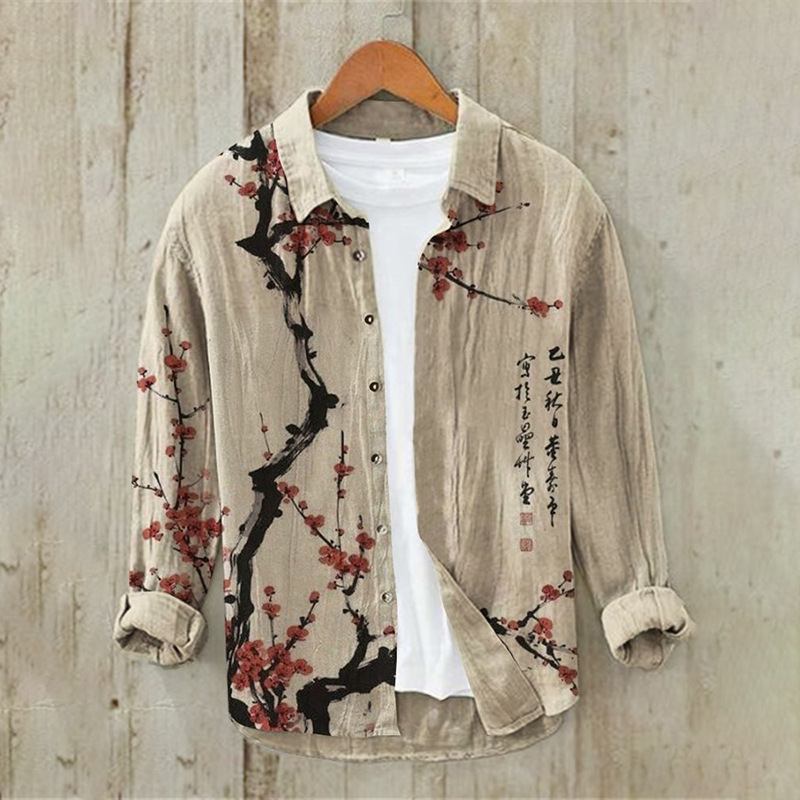Printed Mens Retro Casual Long-Sleeve Shirt