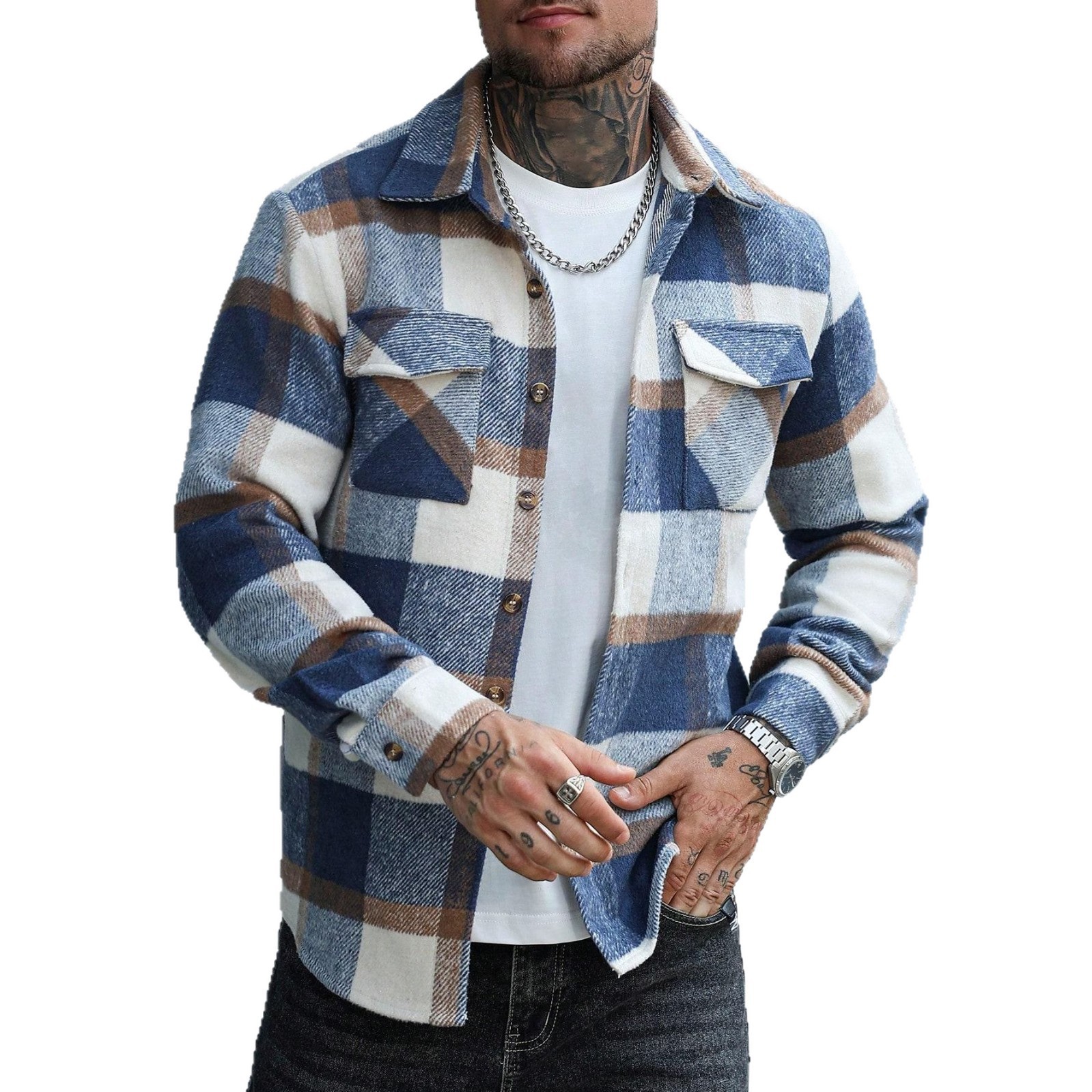 Mens Relaxed-Fit Casual Plaid Shirt Jacket