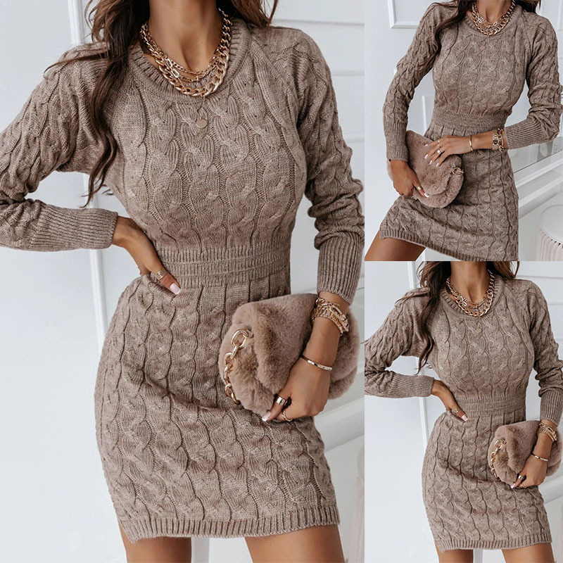FallWinter Crew-Neck Long-Sleeve Bodycon Sweater Dress