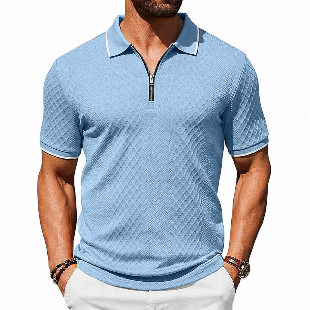 Mens Loose-Fit Textured-Weave Short-Sleeve Polo Shirt With Zipper