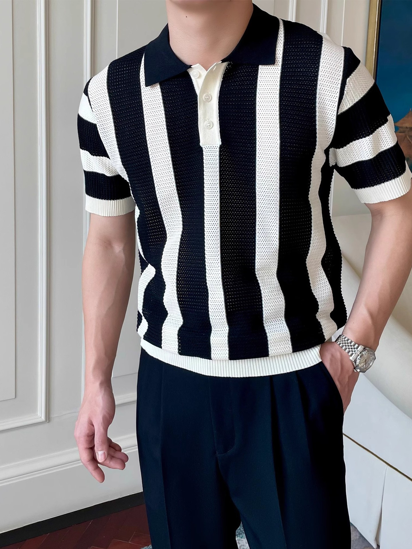 Striped Knitted Polo Shirt Men's Cool &amp; Dashing Lapel T-Shirt