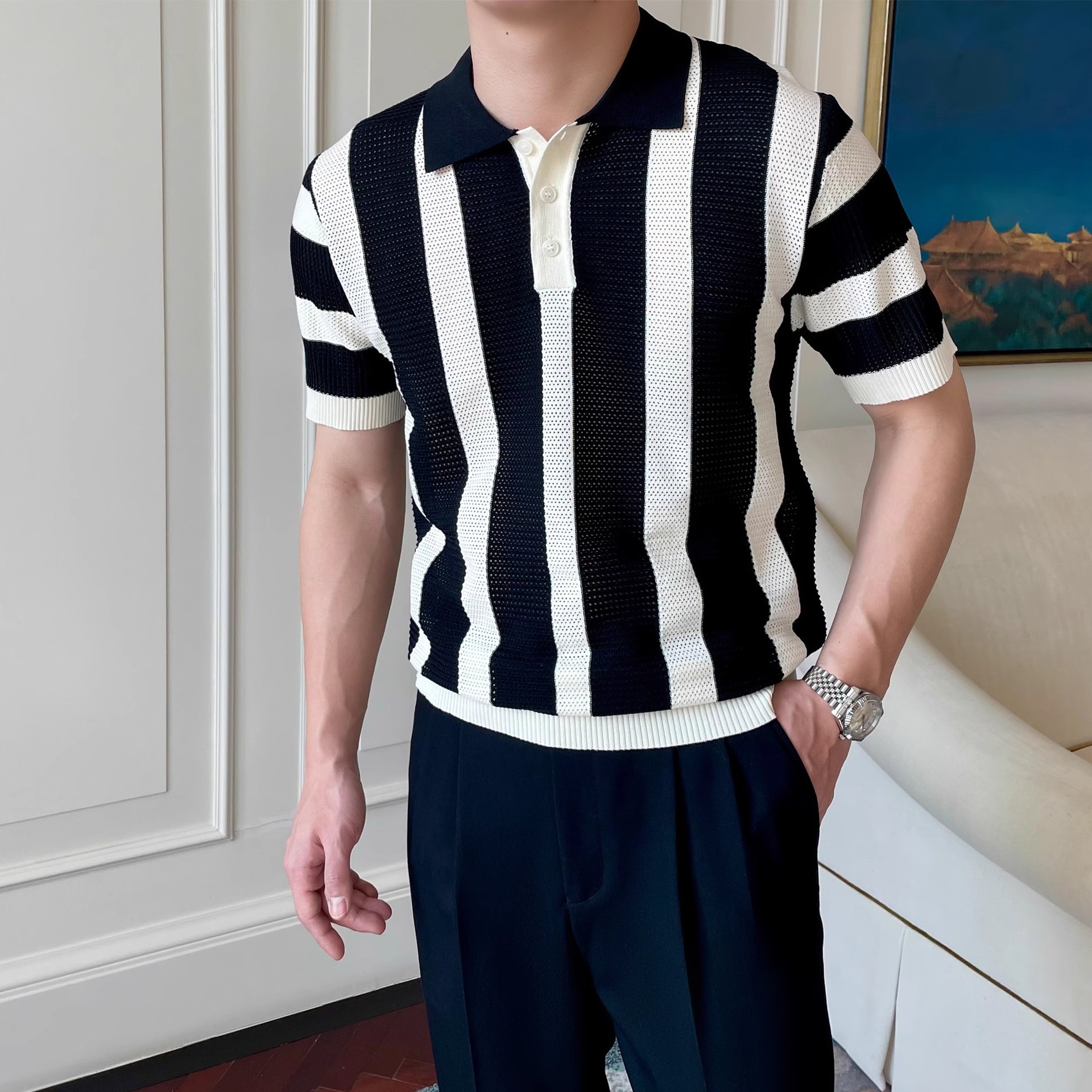 Striped Knitted Polo Shirt Men's Cool &amp; Dashing Lapel T-Shirt
