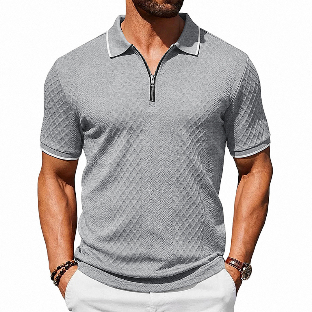 Mens Loose-Fit Textured-Weave Short-Sleeve Polo Shirt With Zipper