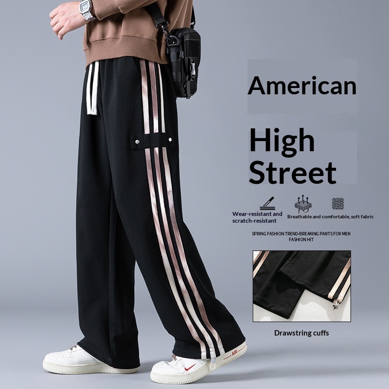 Mens Three-Stripe Sweatpants Spring American High-Street Style Joggers