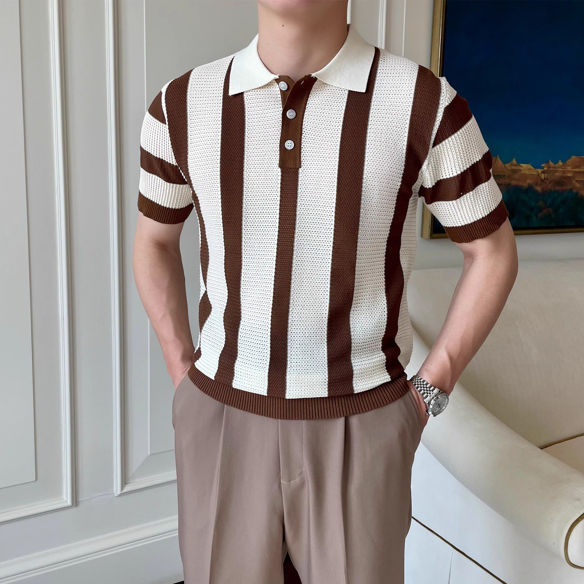 Striped Knitted Polo Shirt Men's Cool &amp; Dashing Lapel T-Shirt