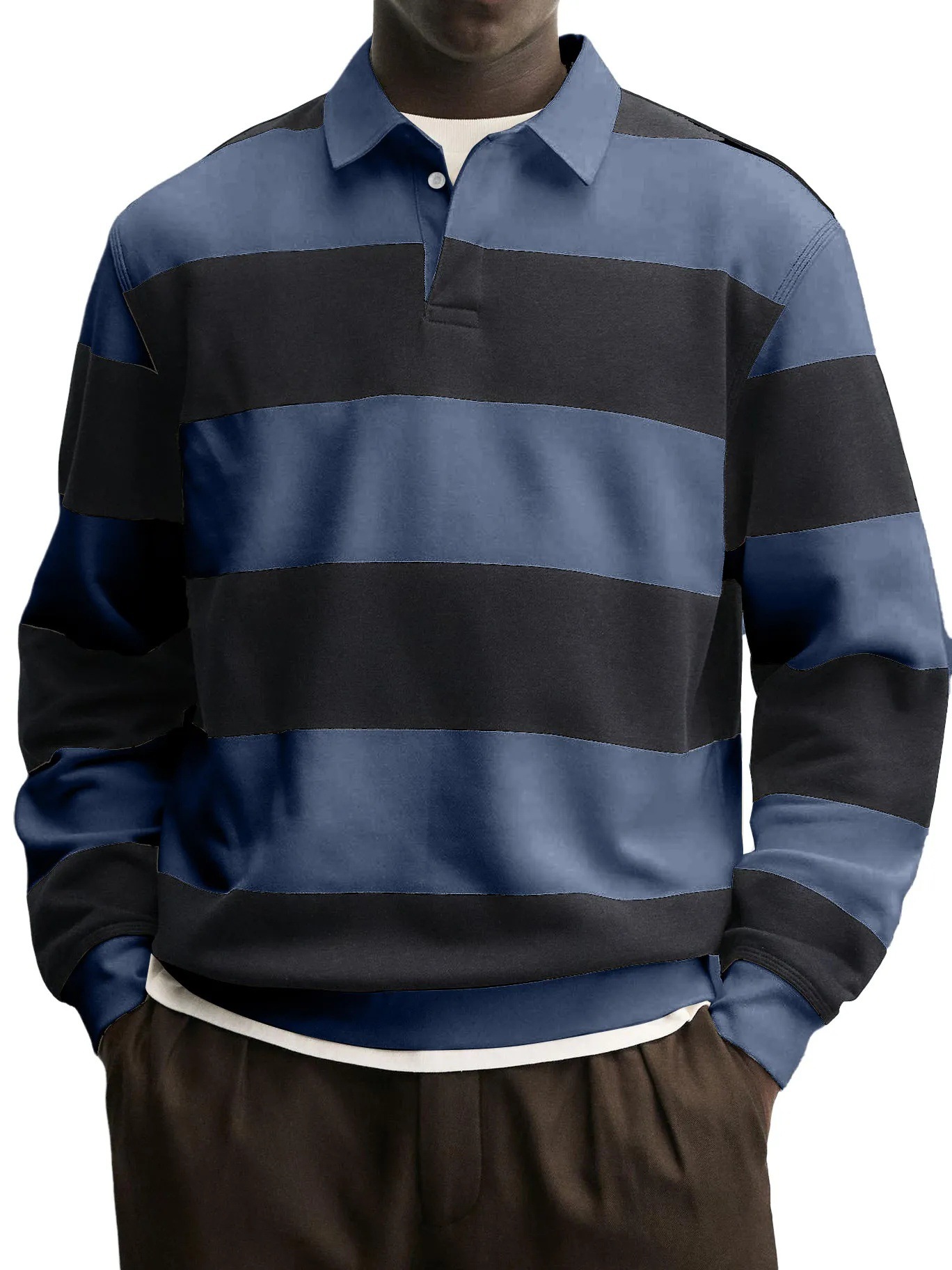 Mens Loose-collar Long-sleeved Striped T-shirt