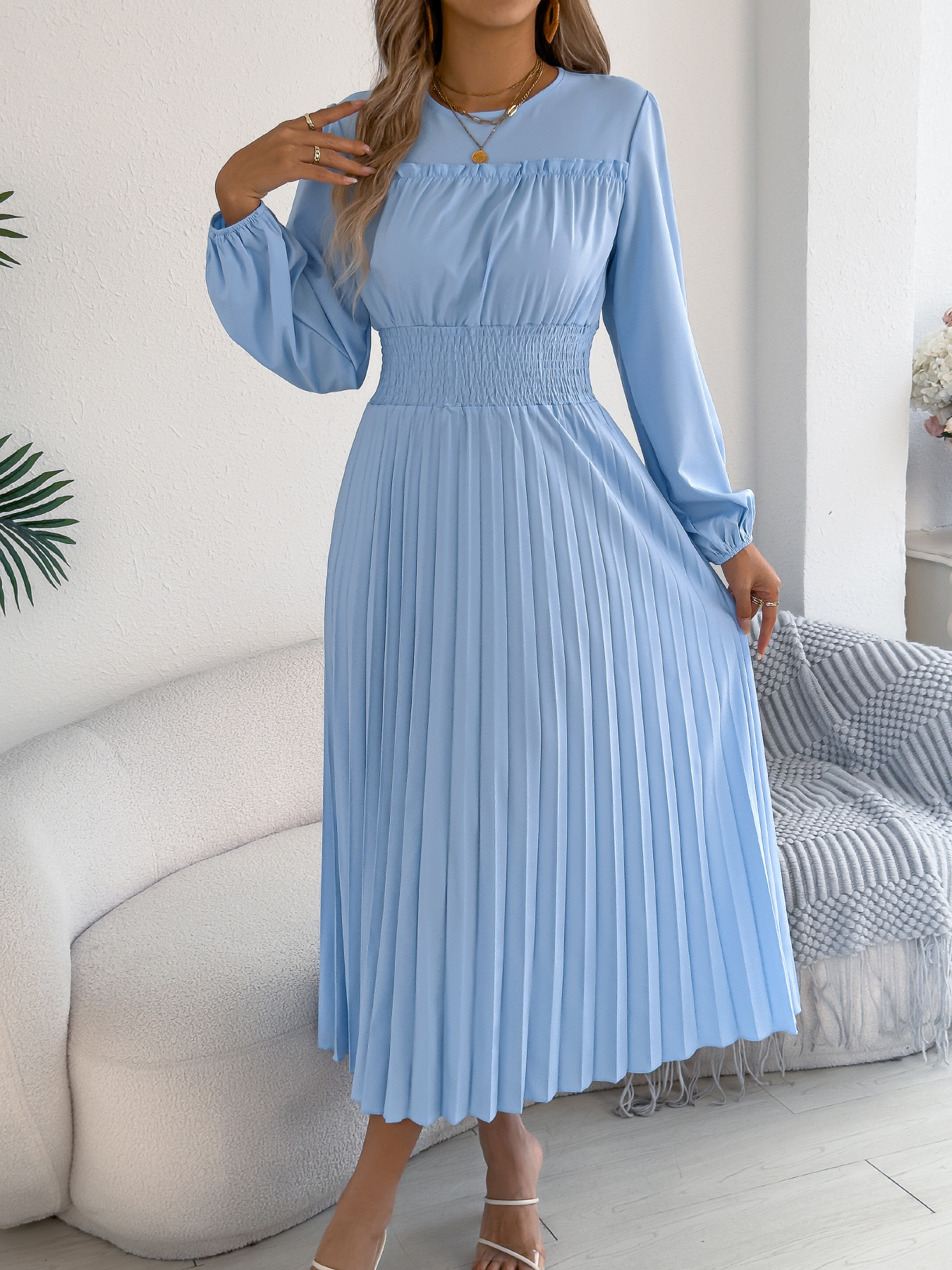 Elegant Ruffled Long-sleeve Cinched-waist Pleated Maxi Dress