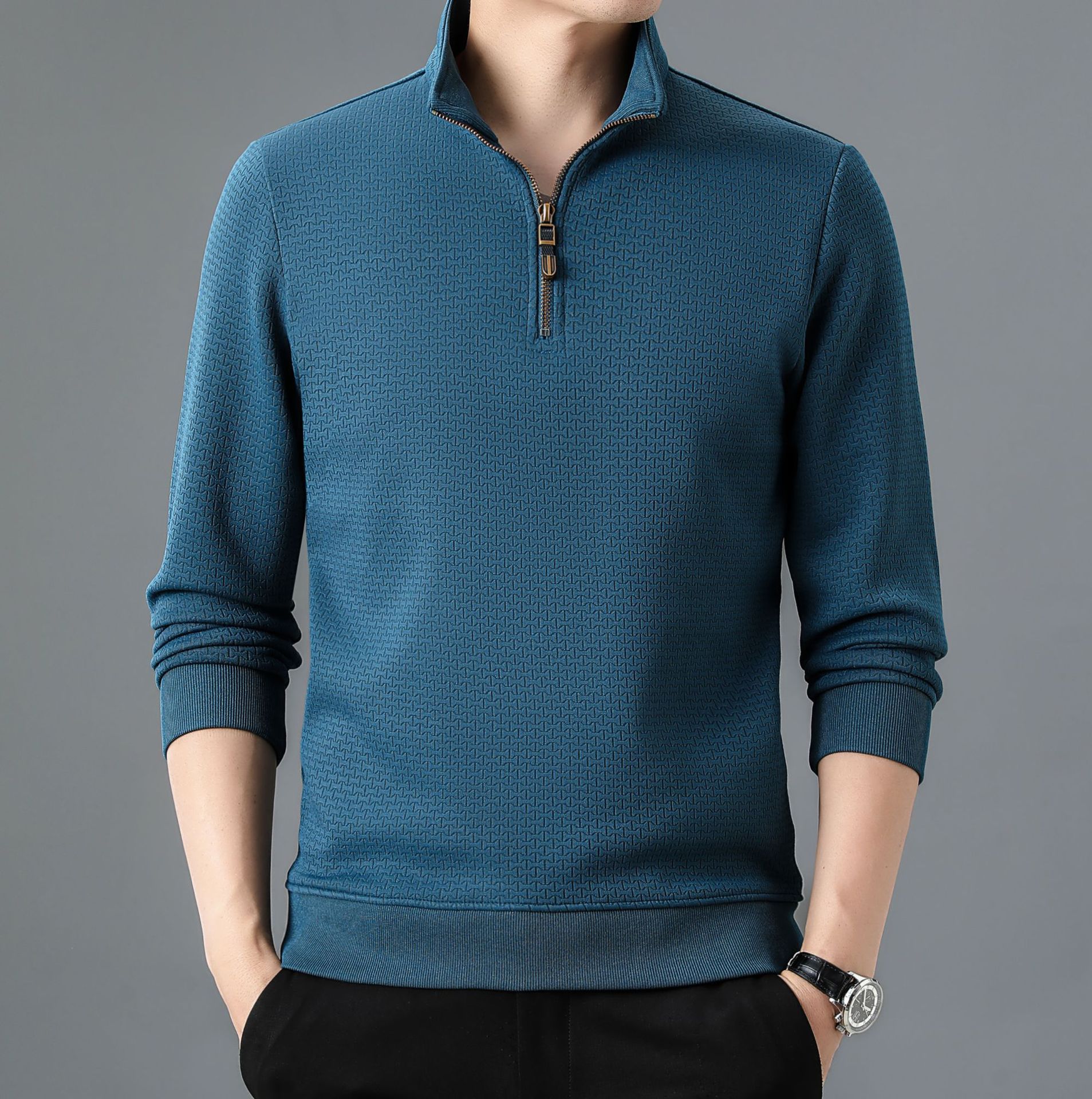 Stand Collar Half Zip Autumn And Winter Long Sleeve T-shirt Men