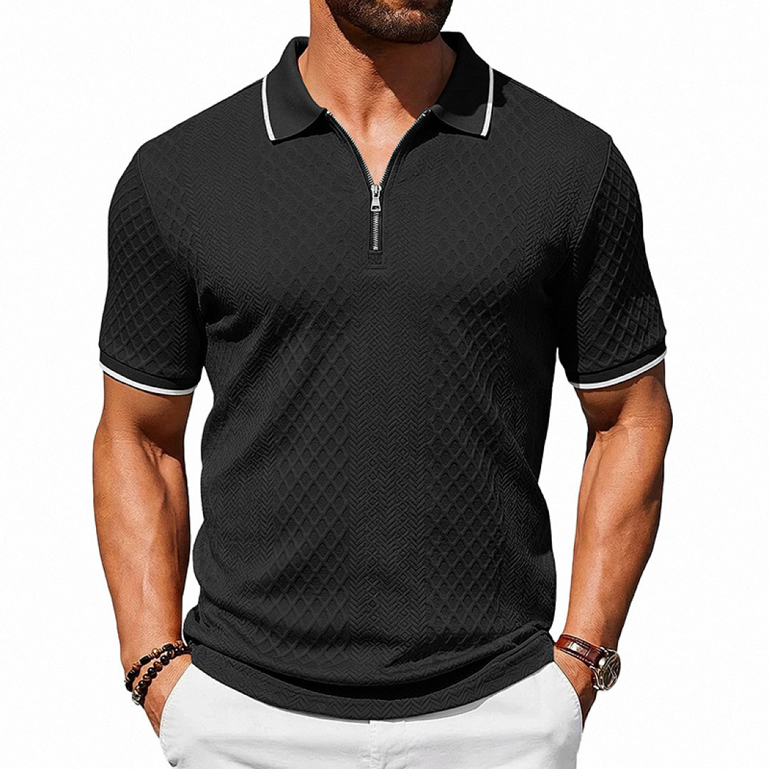 Mens Loose-Fit Textured-Weave Short-Sleeve Polo Shirt With Zipper