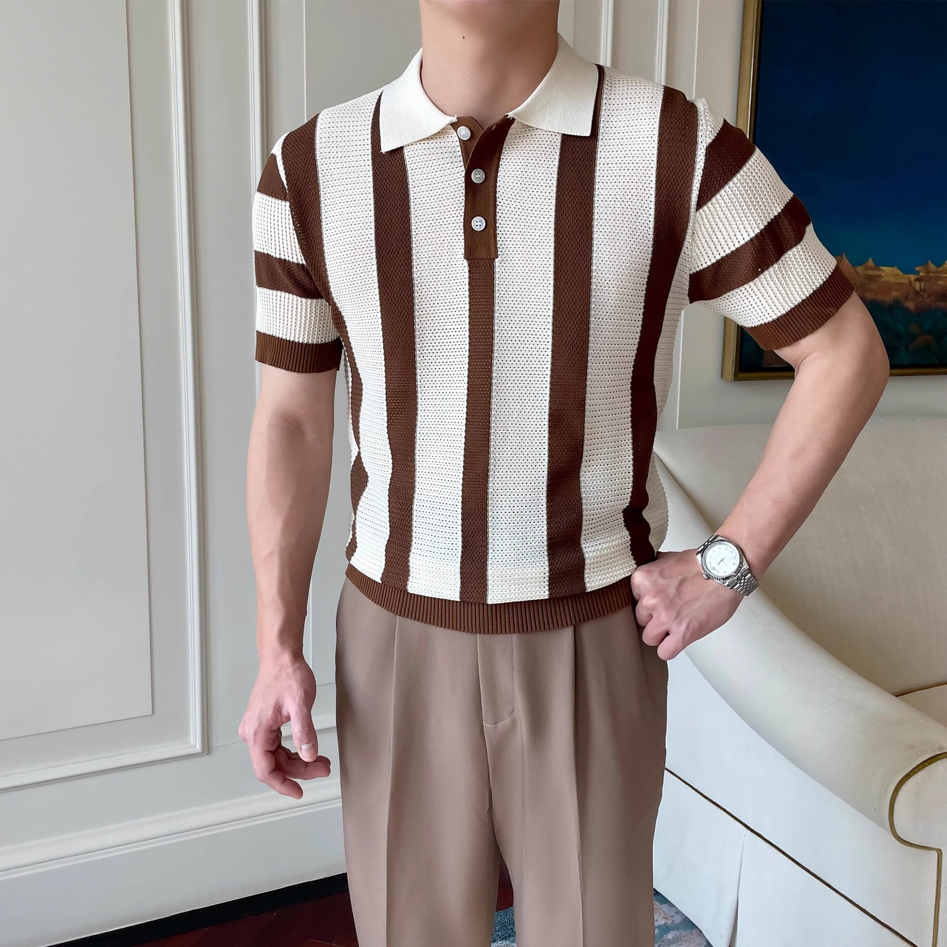 Striped Knitted Polo Shirt Men's Cool &amp; Dashing Lapel T-Shirt