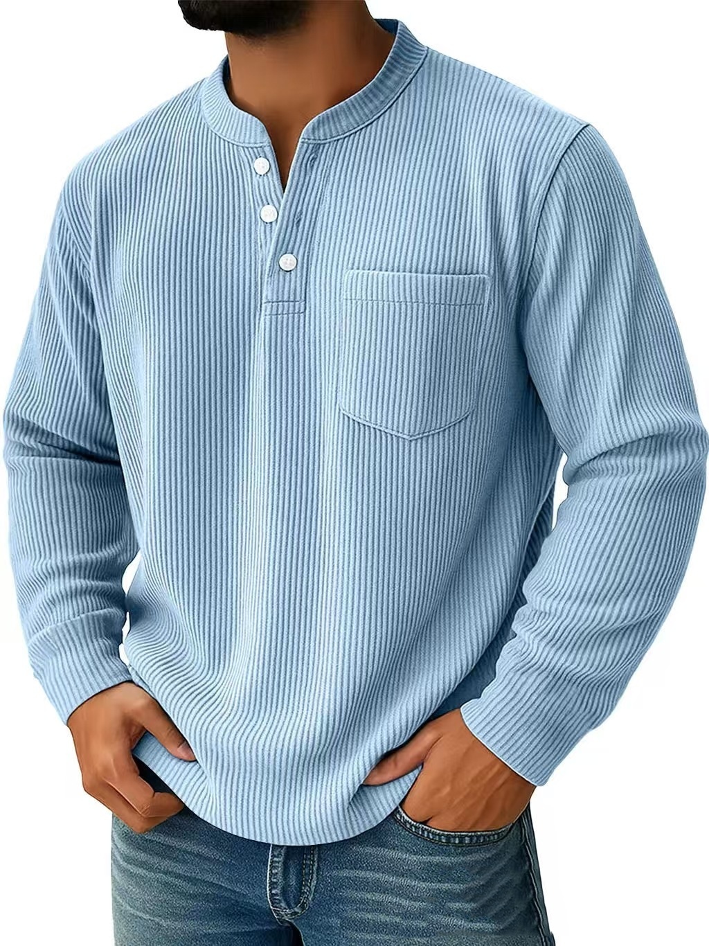 Corduroy Three-button Henry Collar Long-sleeved Shirt Polo Shirt