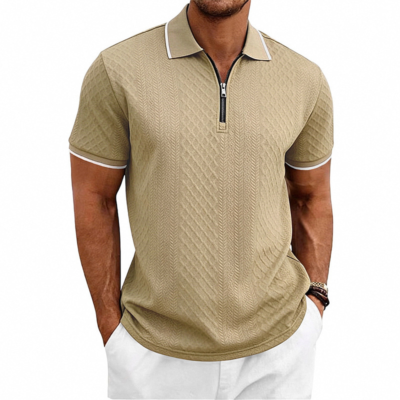 Mens Loose-Fit Textured-Weave Short-Sleeve Polo Shirt With Zipper