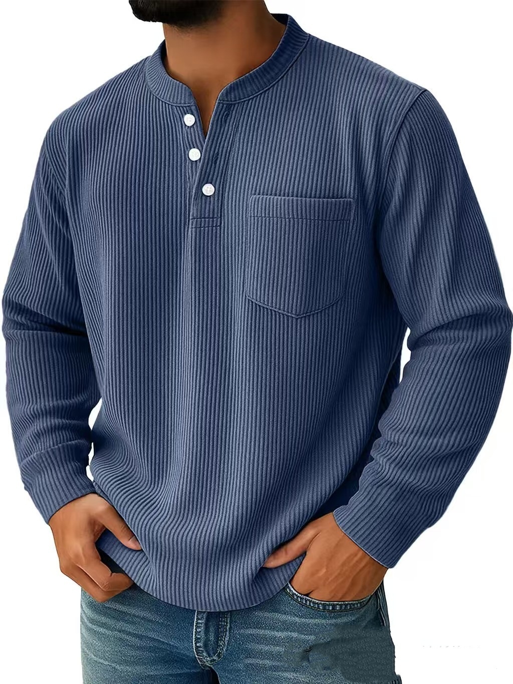 Corduroy Three-button Henry Collar Long-sleeved Shirt Polo Shirt