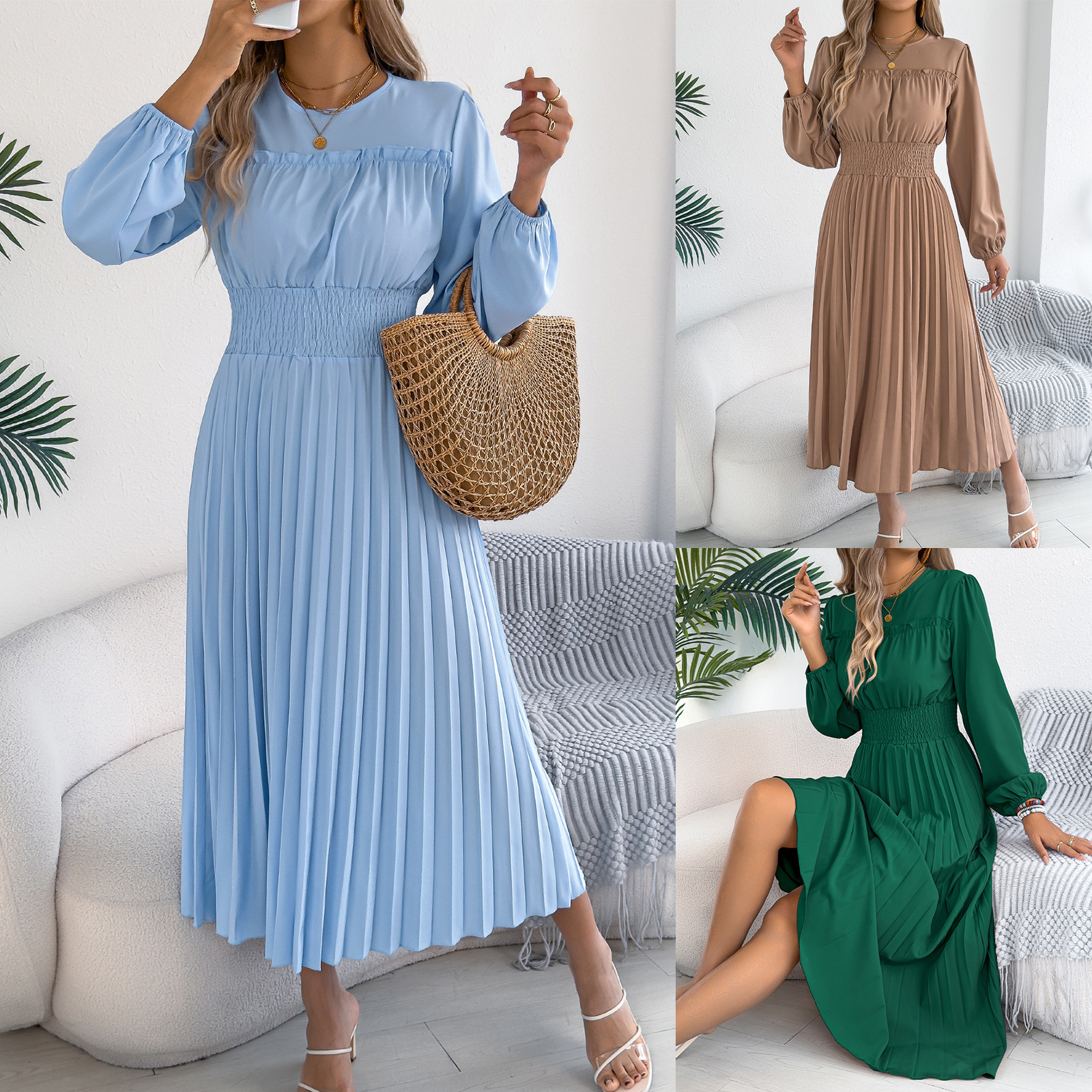 Elegant Ruffled Long-sleeve Cinched-waist Pleated Maxi Dress