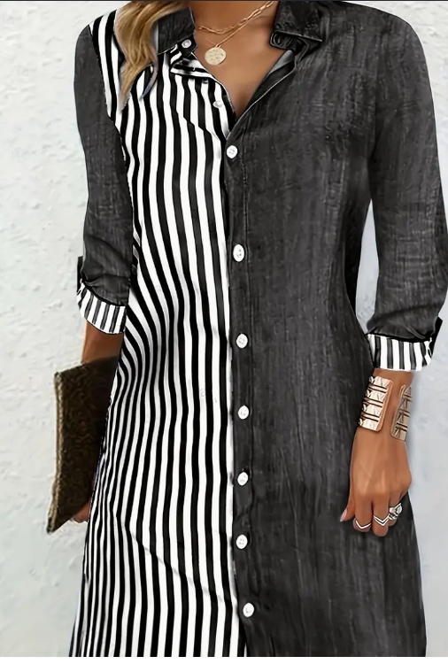Stylish Striped Print Color Block Shirt Dress - Versatile Long Sleeve For Chic Spring &amp; Fall Looks - Comfortable Womens Clothing For Everyday Wear