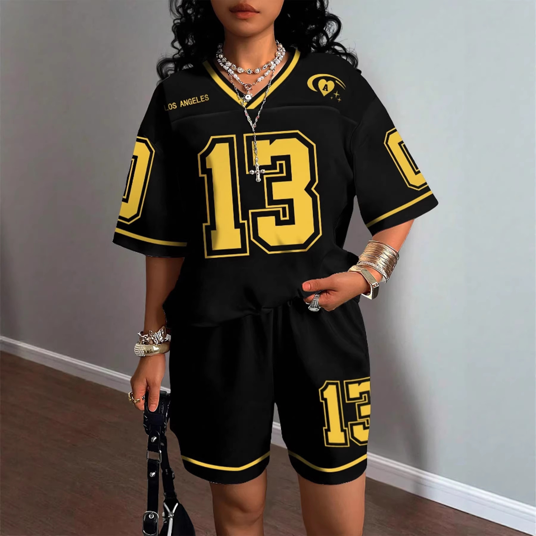 Letter-printed Casual Comfortable Short-sleeve V-neck Shorts Two-piece Set