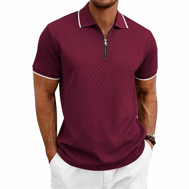 Mens Loose-Fit Textured-Weave Short-Sleeve Polo Shirt With Zipper