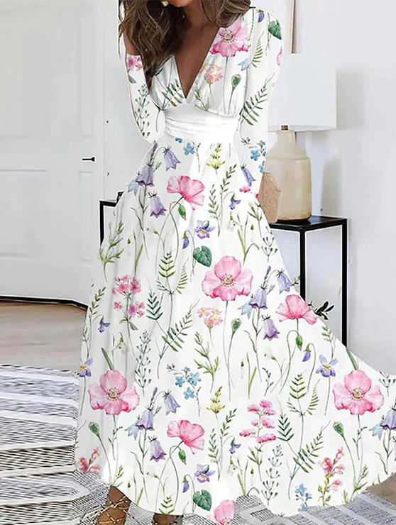 Fall V-neck Long Sleeve Printed Women Dress Women