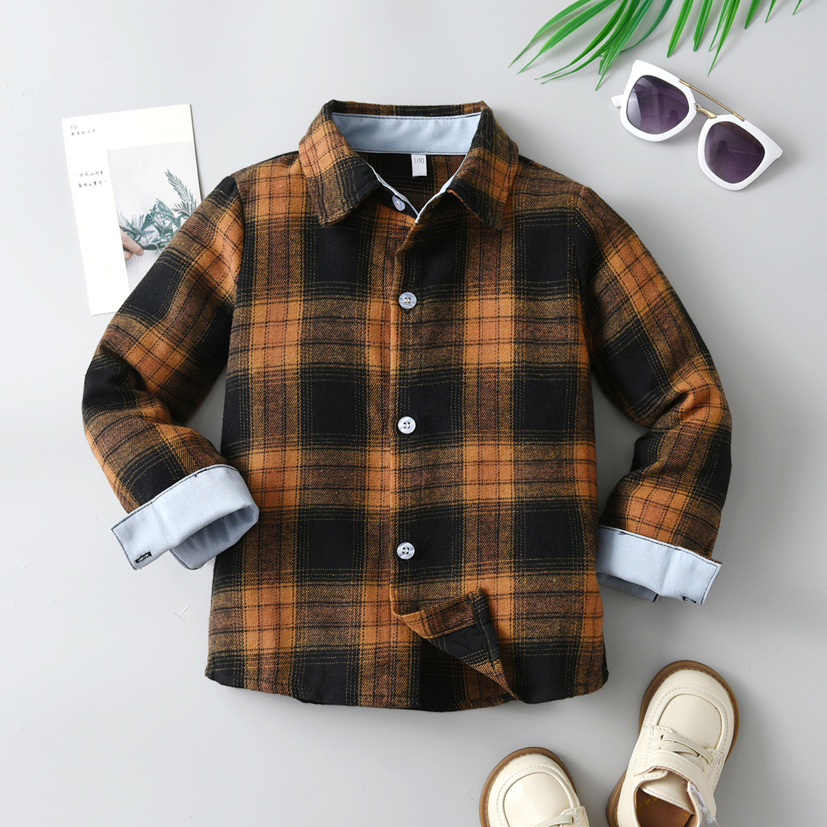 Boy's Yellow Plaid Brushed Long Sleeve Shirt