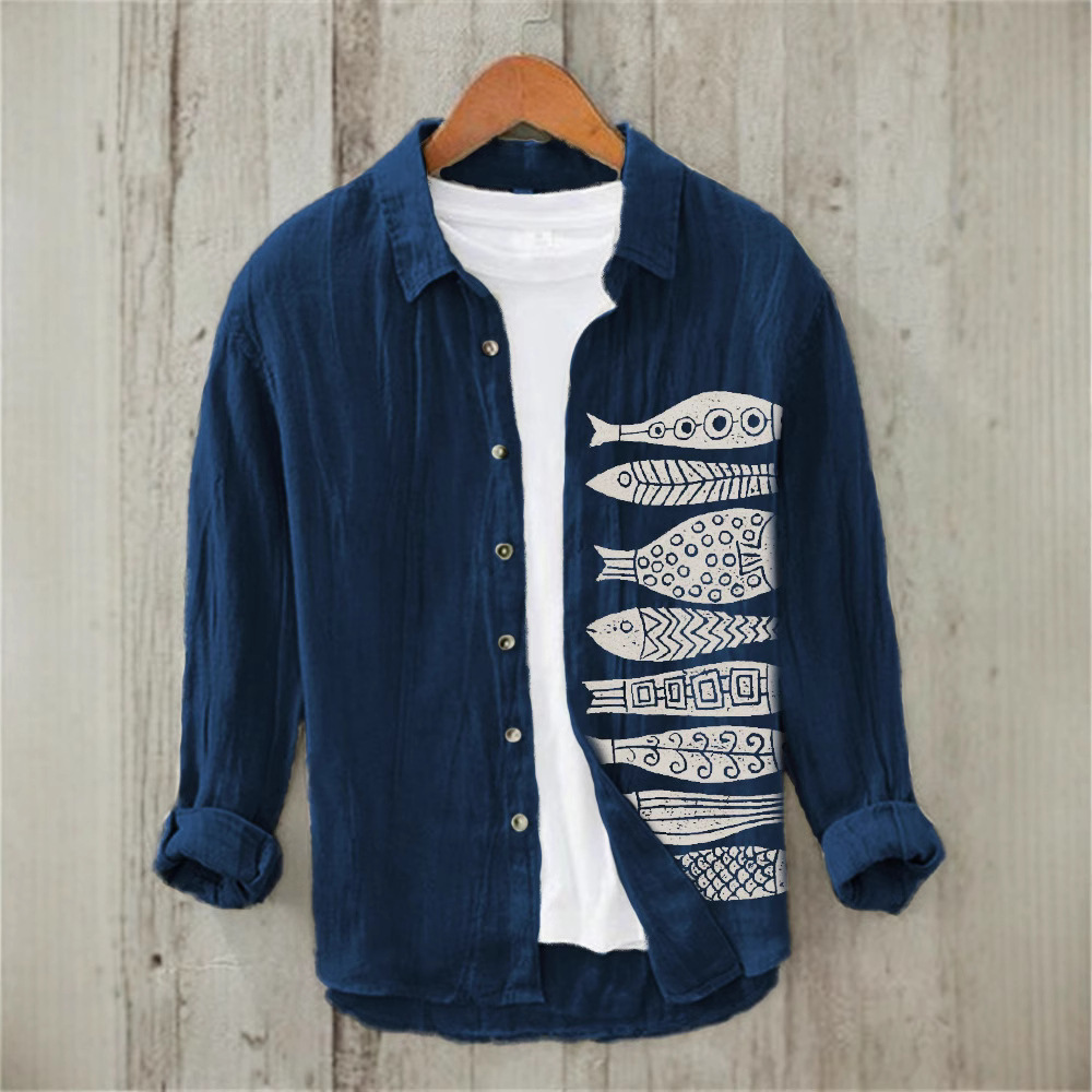 Printed Mens Retro Casual Long-Sleeve Shirt