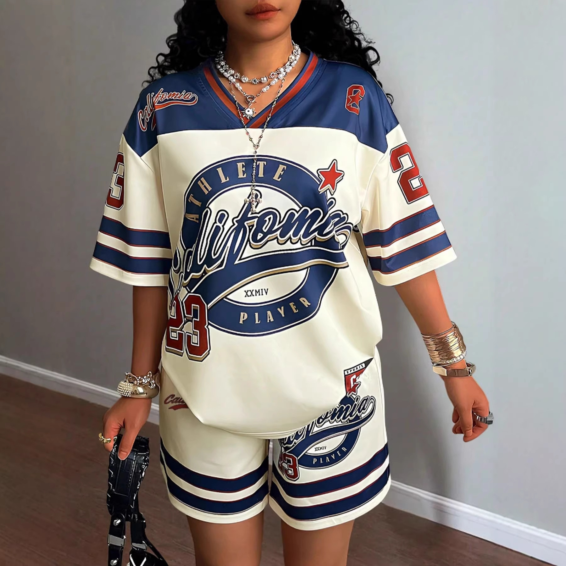 Letter-printed Casual Comfortable Short-sleeve V-neck Shorts Two-piece Set