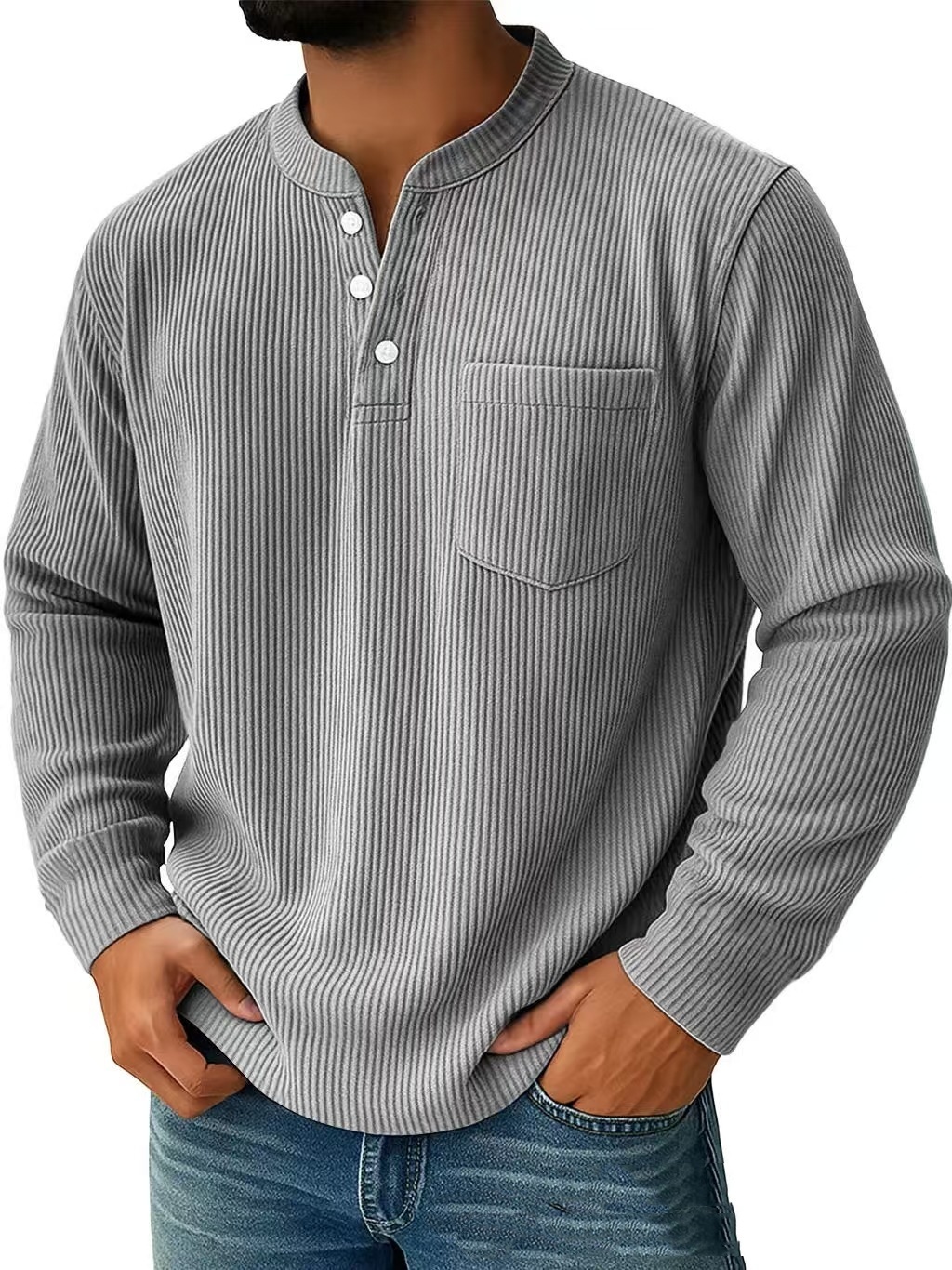 Corduroy Three-button Henry Collar Long-sleeved Shirt Polo Shirt