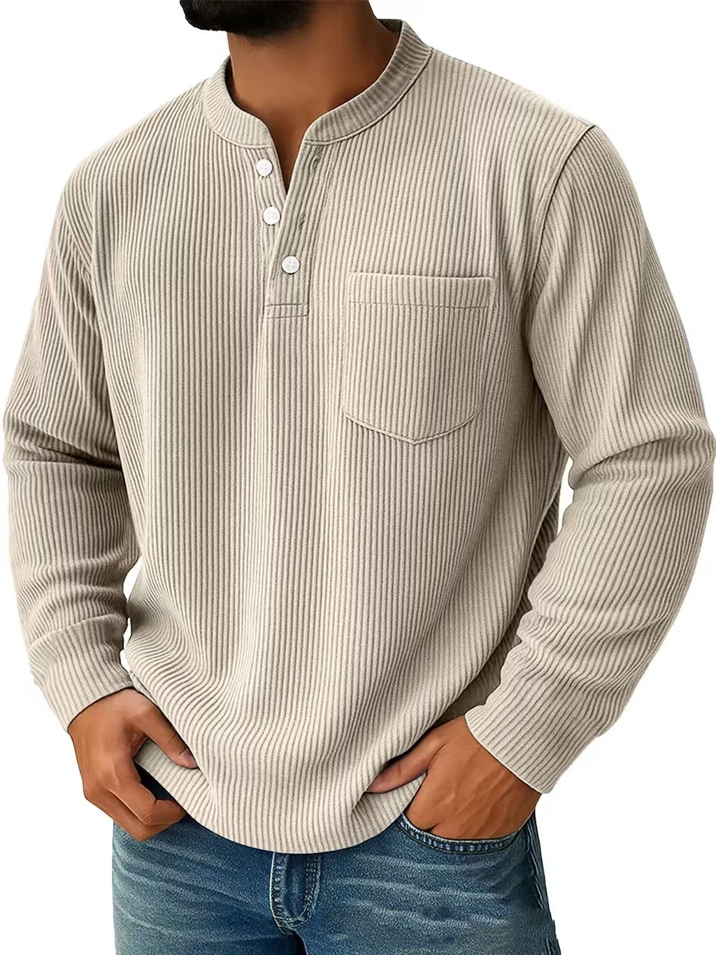 Corduroy Three-button Henry Collar Long-sleeved Shirt Polo Shirt