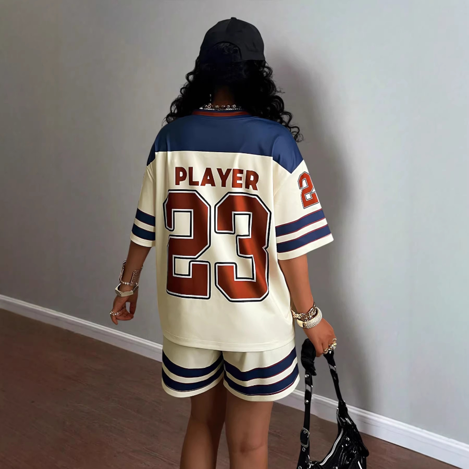 Letter-printed Casual Comfortable Short-sleeve V-neck Shorts Two-piece Set