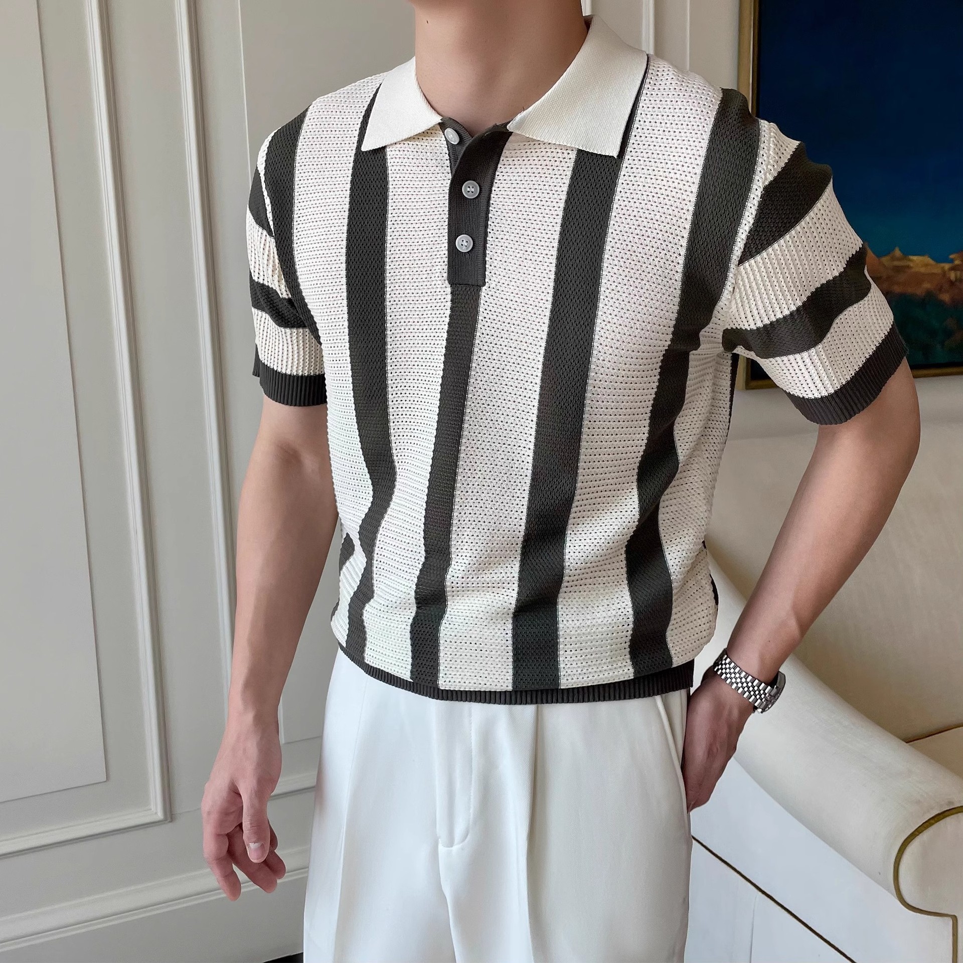 Striped Knitted Polo Shirt Men's Cool &amp; Dashing Lapel T-Shirt