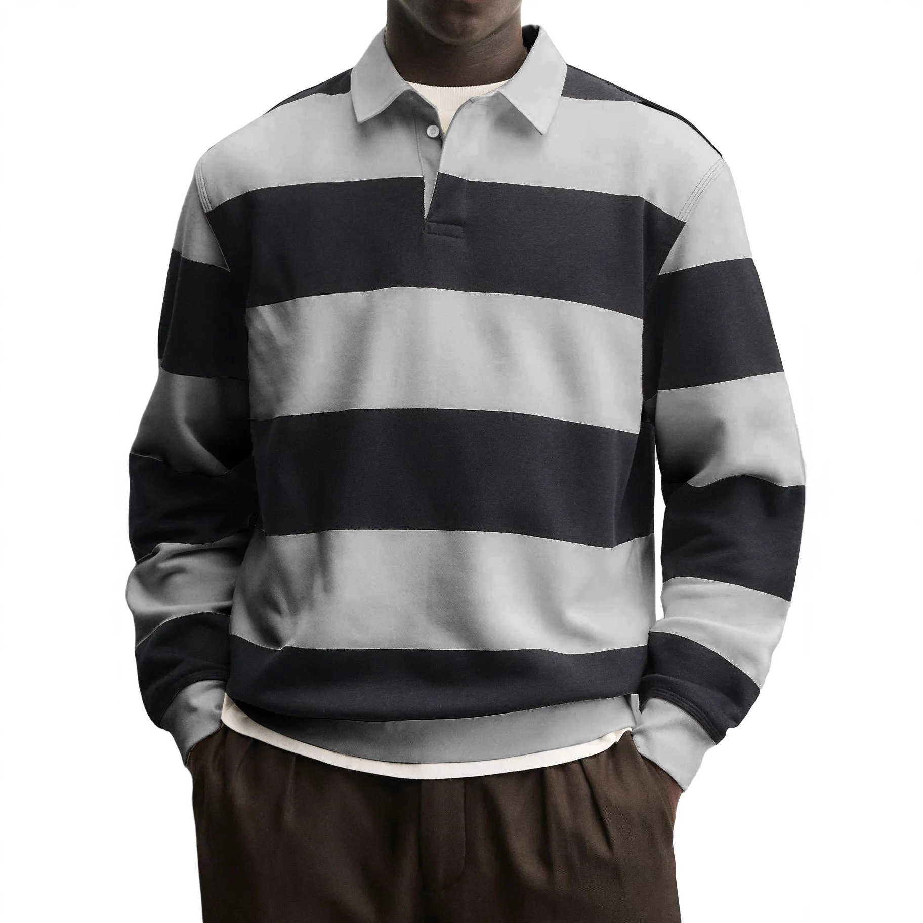 Mens Loose-collar Long-sleeved Striped T-shirt