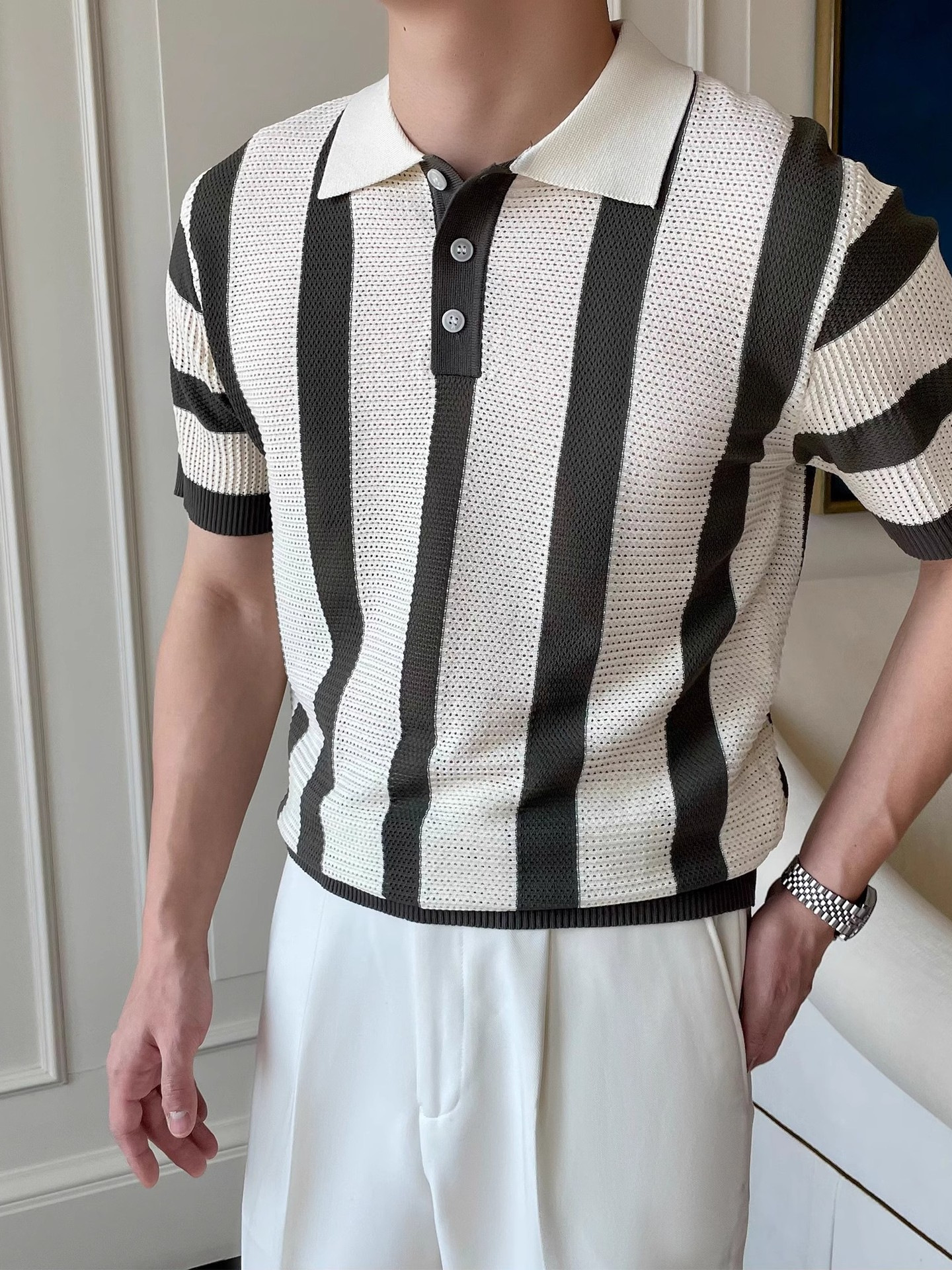 Striped Knitted Polo Shirt Men's Cool &amp; Dashing Lapel T-Shirt