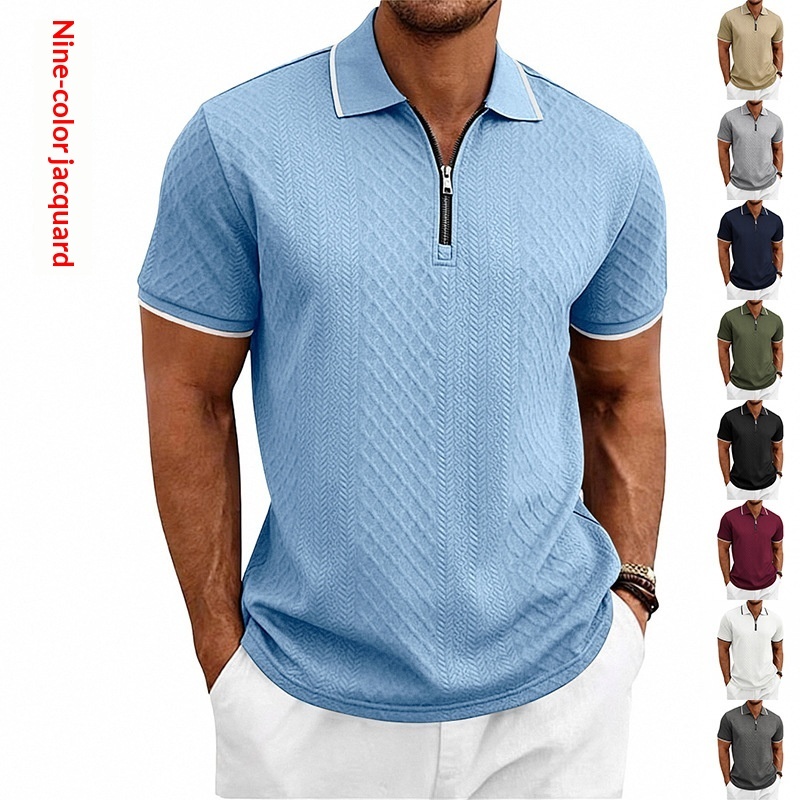 Mens Loose-Fit Textured-Weave Short-Sleeve Polo Shirt With Zipper