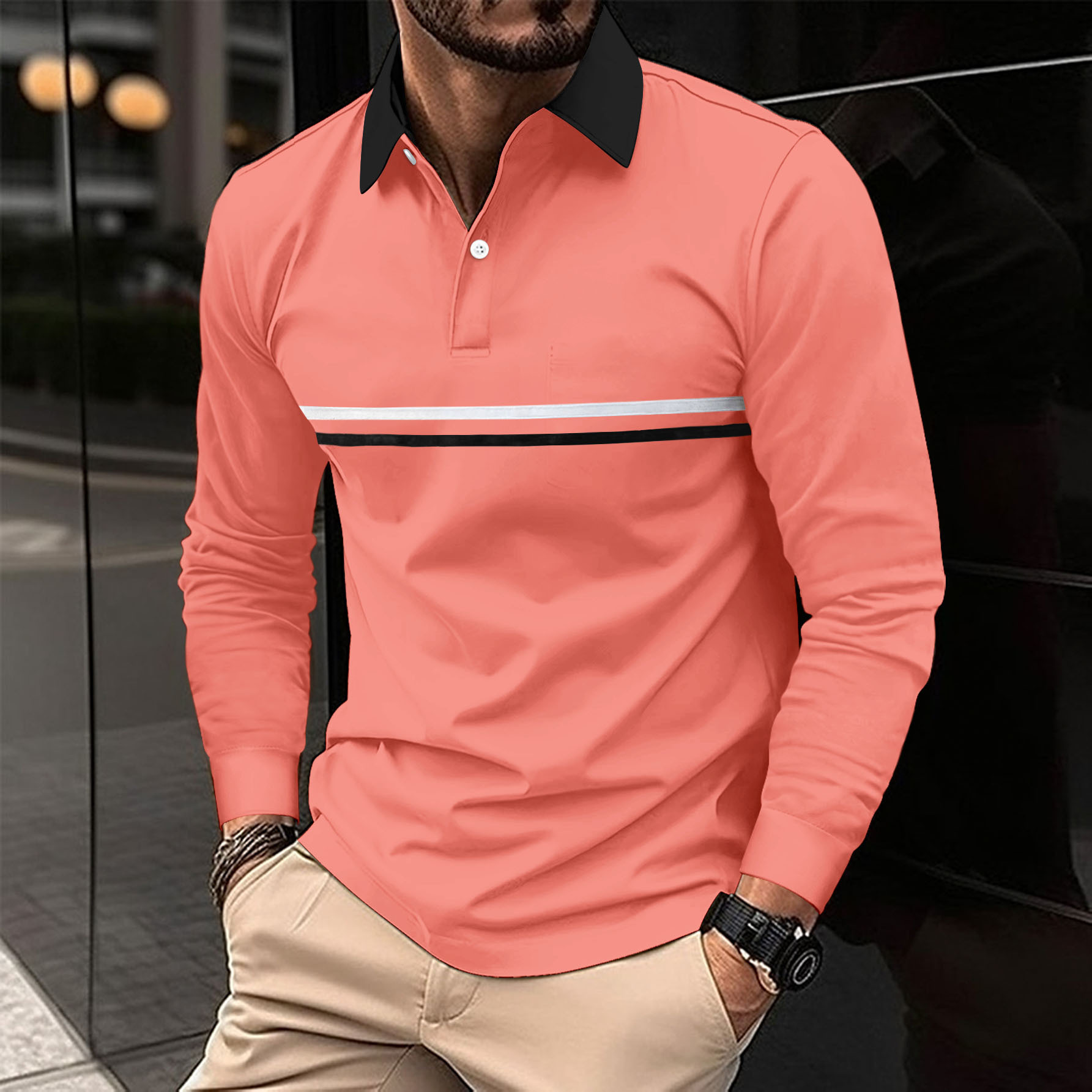 Button-down Long-sleeve Mens Sports Polo Shirt