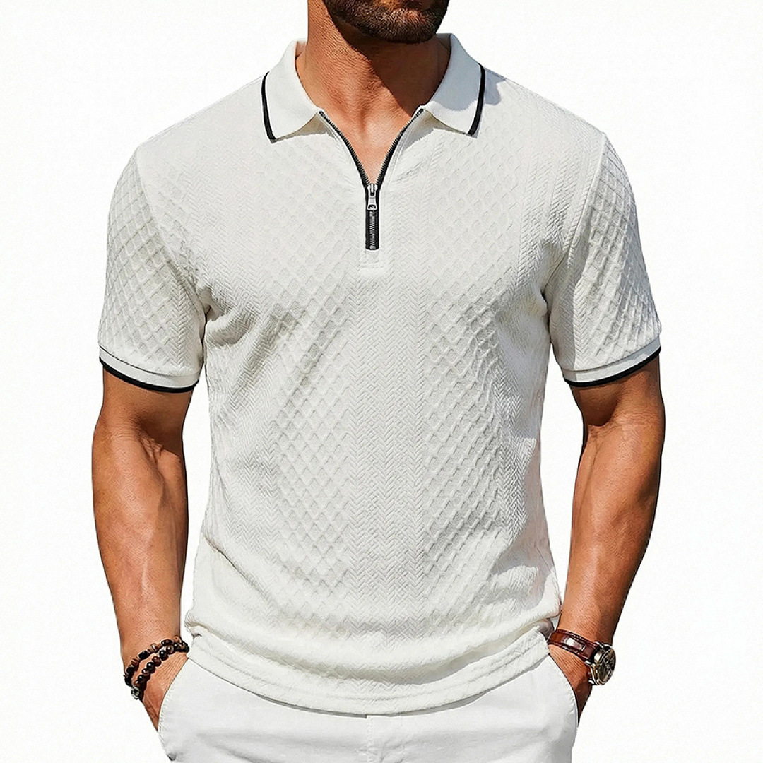 Mens Loose-Fit Textured-Weave Short-Sleeve Polo Shirt With Zipper
