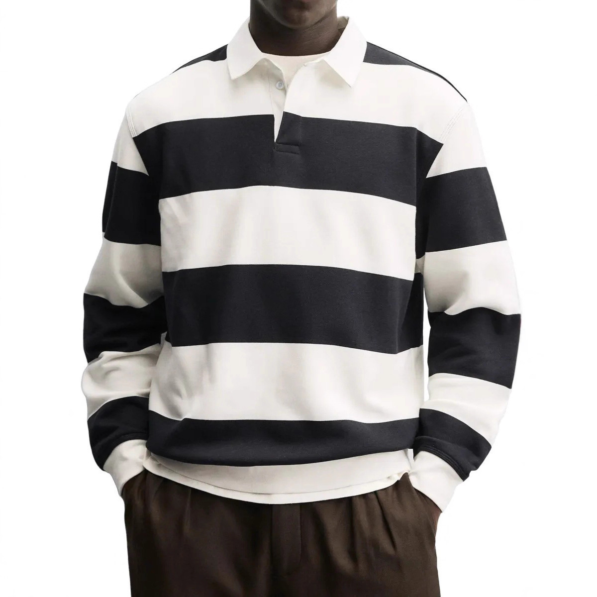 Mens Loose-collar Long-sleeved Striped T-shirt